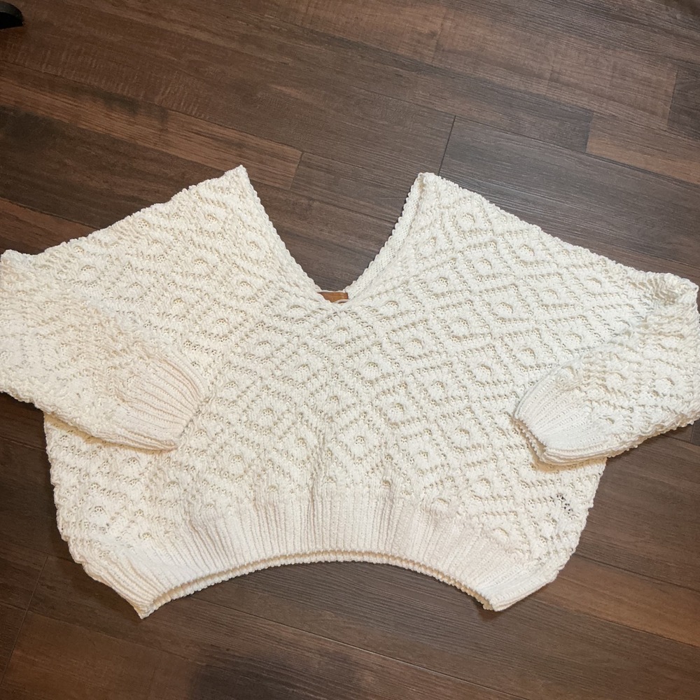 POL Boho Diamond Crochet Knit V-Neck Sweater Cream Oversized UD51A Medium